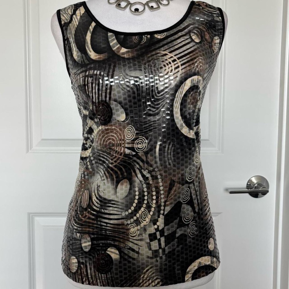 Vintage 90s Black & Brown Sleeveless Top Abstract with Sequins Euro Inspired